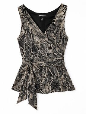 Express Snakeskin Peplum Top XS Surplice Tie Waist Sleeveless Animal Print
